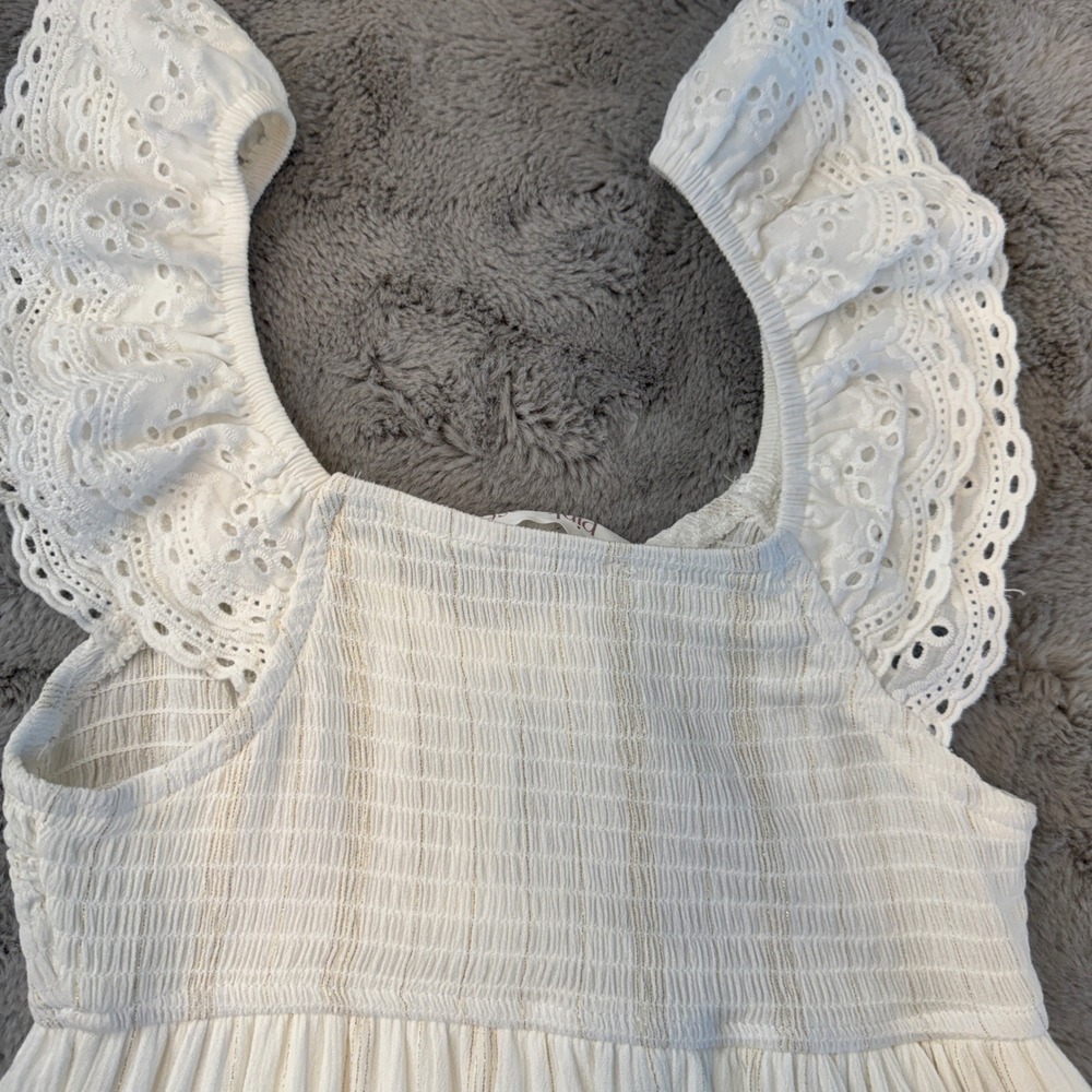 White w/ Metallic Thread Smocked Eyelet Ruffle Sleeve Tiered Mini Dress Small - Picture 12 of 16